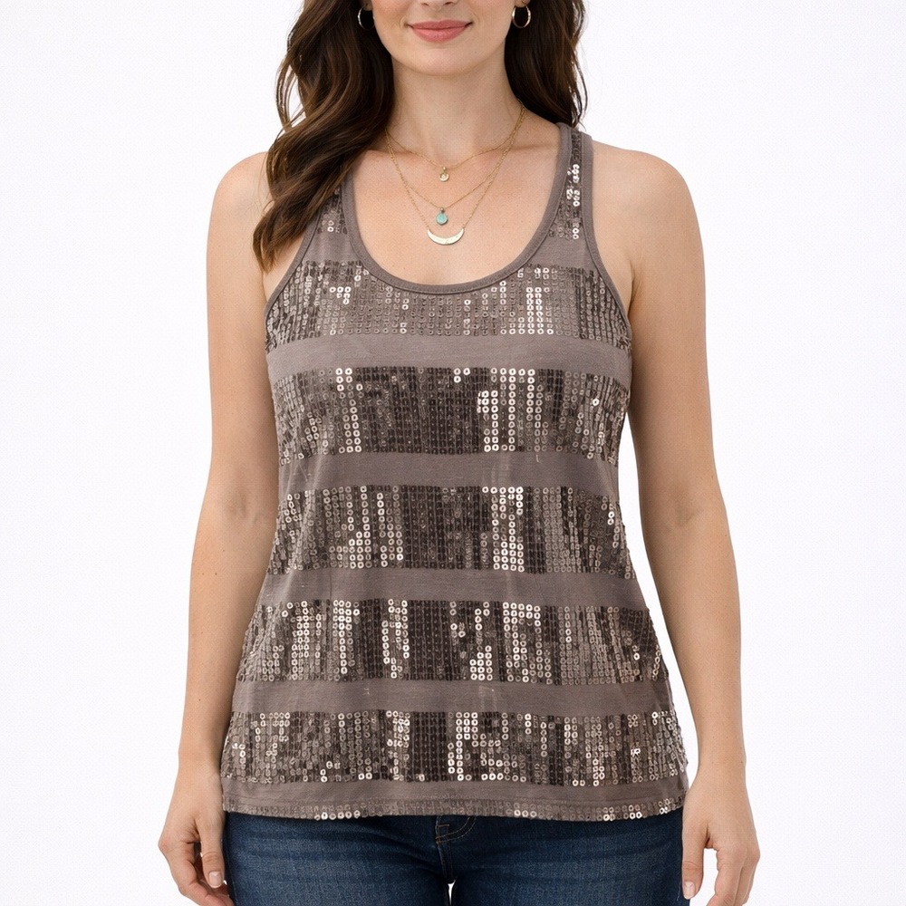 Vtg Wet Seal Y2K Sequin Tank Top S Taupe Brown Silver Square Sequins Racerback‎